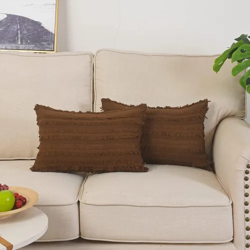 Vista 24 de GYROHOME Paquete de 2 fundas de almohada de algodón y lino, fundas de cojín decorativas, diseño de borlas, fundas de cojín modernas con flecos Beige