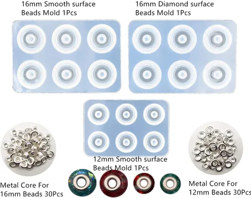 Vista 2 de 3 moldes de resina para cuentas redondas y planas, moldes de fundición de cuentas de agujero grande, molde de silicona con núcleo de metal incluido