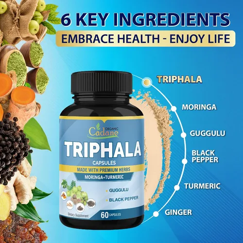 Vista 5 de Organic Cadane Cápsulas de extracto de Triphala – Complejo de 6 ingredientes premium con cúrcuma, moringa, guggul, jengibre y pimienta negra – 60