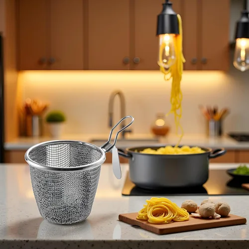 Vista 2 de 1 cesta de pasta de acero inoxidable, colador de fideos de bola de masa de araña de malla, colador de malla fina con asa, coladores de alimentos