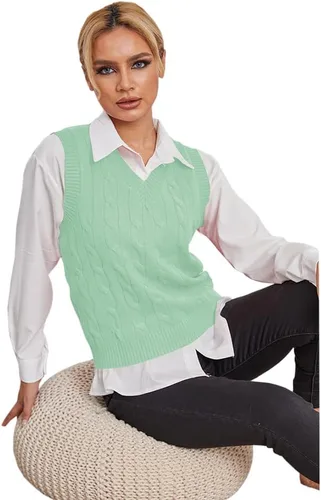 Vista 3 de Fisoew Chaleco de punto vintage sin mangas con cuello en V para mujer, estilo preppy casual
