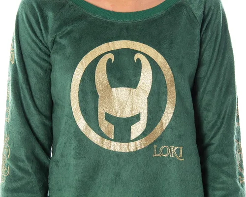 Vista 2 de Marvel Comics Loki - Camisa de dormir para mujer, diseño de forro polar, manga larga, con purpurina, color dorado