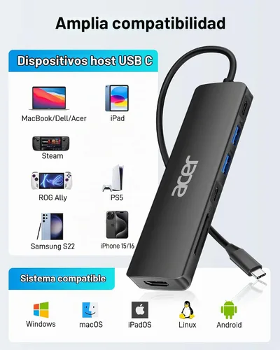 Vista 7 de Acer USB C Hub, Dock USB-C a HDMI 7 en 1, 2 USBA 3.1 GEN1 y puerto de datos Type-C de 5Gbps, puerto HDMI 4K, carga PD de 100W, lector de tarjetas