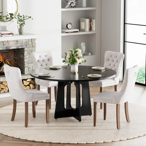 Vista 32 de Mesa de comedor redonda estilo granja para 6, mesa de cocina circular de 47" MDF con acabado de grano de madera, mesa de cocina y comedor de madera