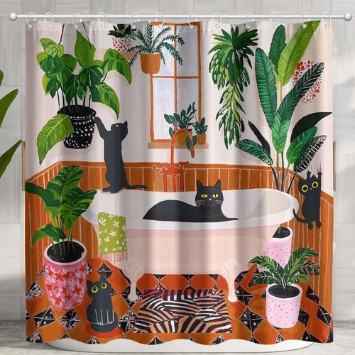 Vista 10 de Divertida cortina de ducha con diseño de gatos negros, estilo bohemio, bonita, divertida, para baño, gatito, verde, hojas tropicales, beige, marrón