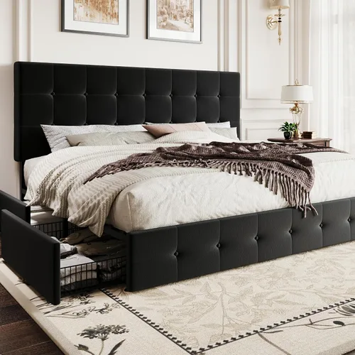 Vista 17 de SHA CERLIN Base de cama de plataforma tamaño matrimonial tapizada con 4 cajones de almacenamiento, cabecero ajustable con diseño cosido en cuadrados