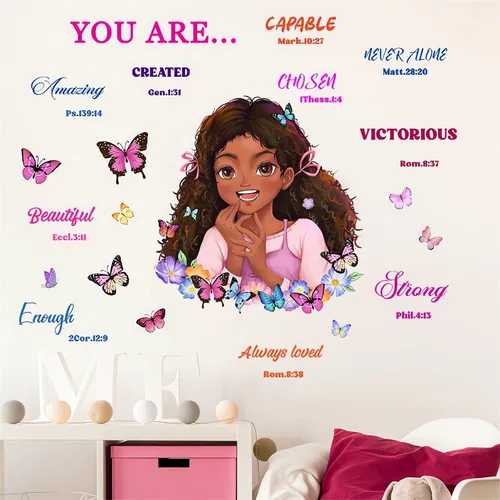 Vista 2 de Calcomanía de pared inspiradora de niña negra, sacinora con frases motivacionales, vinilo extraíble para mujeres afro, niños, guardería, dormitorio