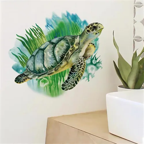 Vista 2 de Pegatinas de pared de tortuga marina verde calcomanías de pared de algas marinas Vinilo extraíble para sala de estar, dormitorio, baño, sofá, TV