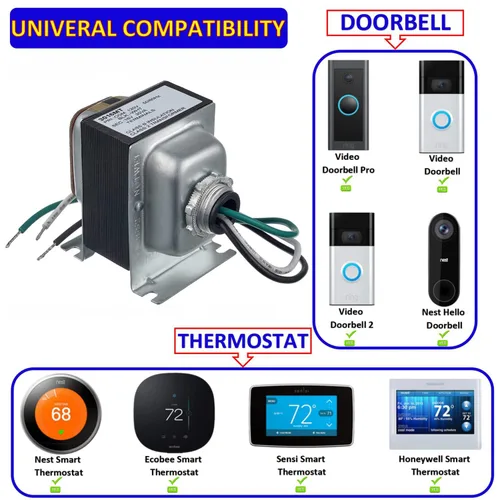 Vista 4 de BOJACK Transformador de timbre 16V 30VA Fuente de alimentación AC Termostato 16 Voltios 30VA Adaptador de corriente Compatible con timbre Ring Video