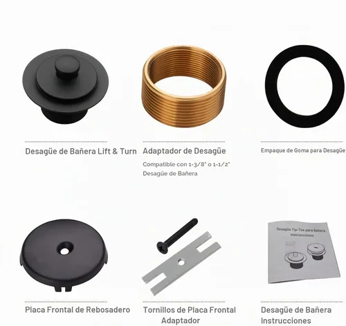 Vista 6 de Kit de Conversión de Drenaje de Bañera Negro con Placa Frontal de Desbordamiento de Un Solo Orificio, Wellup Todo Metal Kit de Ajuste de Drenaje