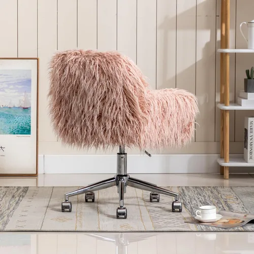 Vista 4 de Silla de escritorio de piel sintética con ruedas, moderna silla de tocador de maquillaje peluda para niñas y mujeres, sillas de escritorio tapizadas