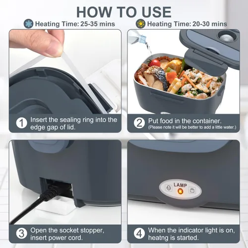 Vista 6 de Herrfilk Lonchera eléctrica, calentador de alimentos 3 en 1 ultra rápido para adultos, calentador de alimentos portátil 12V/24V/110V