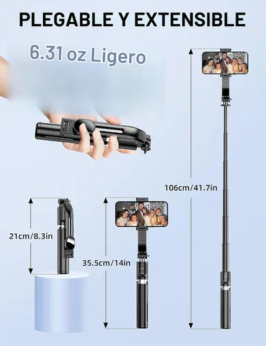 Vista 3 de Trípode para selfie stick de 41 pulgadas, extensible portátil 4 en 1, trípode de aluminio para teléfono con control remoto inalámbrico, rotación