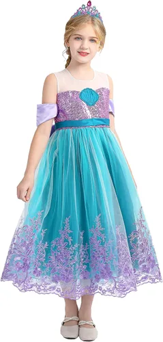 Vista 3 de PURFEEL Vestido de sirena con lentejuelas para niñas vestido de fiesta de sirena bordado con todos los accesorios color morado y verde 3-4 años