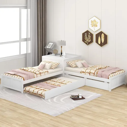 Vista 5 de Moderna cama de plataforma en forma de L con nido y cajones, cama de plataforma de madera de tamaño individual con mesa cuadrada abatible White#w