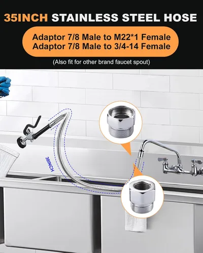 Vista 4 de Válvula rociadora de fregadero comercial con manguera: iVIGA 38" Manguera de pulverización de cocina comercial flexible de acero inoxidable