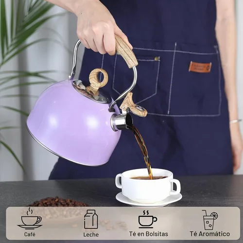 Vista 7 de Hervidor de té silbante de 85 onzas / 2.5 litros, ollas para estufa, acero inoxidable de grado alimenticio con mango plegable con patrón de madera