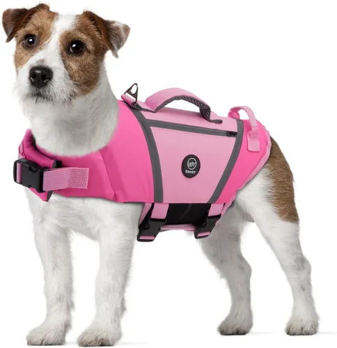 Vista 15 de EMUST Chaleco salvavidas para perro, chaqueta ligera con bolsillos, elegante preservador con asa de rescate y rayas reflectantes para nadar