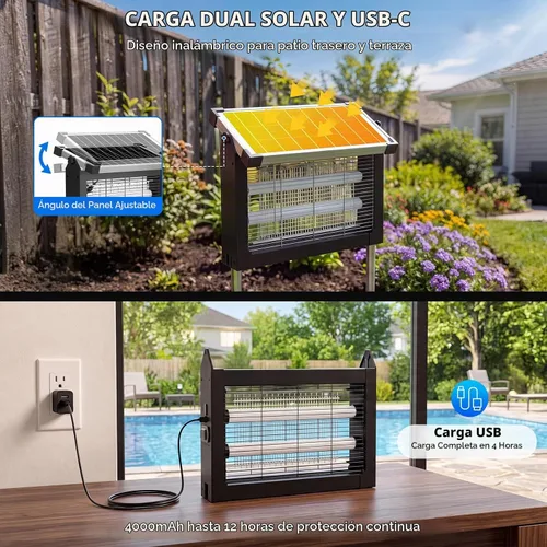 Vista 3 de Solar Bug Zapper, 4500 V rejilla eléctrica mata mosquitos para patio 10W Solar & USB Charging, Auto/Manual Mode, 1/2 Acre Coverage, 3 Placement