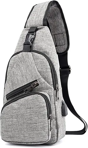 Vista 2 de Bolso bandolera para mujeres y hombres, mochila deportiva, bolsas de hombro, bolsa de viaje, senderismo, bolsa de pecho de moda con USB, C-gris