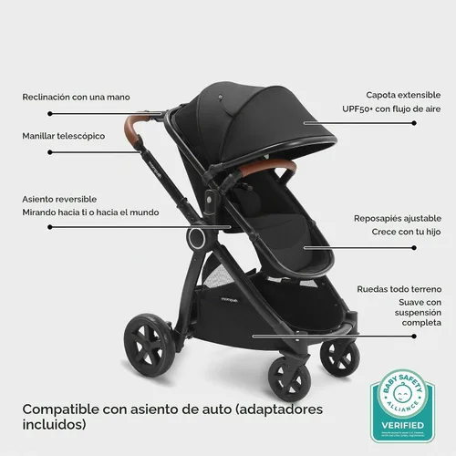 Vista 4 de Mompush Ultimate2 Cochecito de bebé, Cochecito convertible premium de tamaño completo para niños, Asiento reversible con ajuste de reclinación