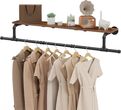 Vista 9 de Perchero Industrial de Tubería, Perchero de Ropa de Hierro Resistente Montado en Pared para Colgar Ropa, Estante con Barra para Colgar
