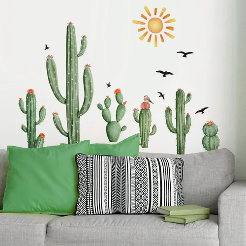 Vista 3 de Calcomanías de Pared de Cactus Boho Calcomanías de Pared de Sol Boho Plantas Tropicales de Cactus Verdes con Pájaros Calcomanías de Pared para Sala