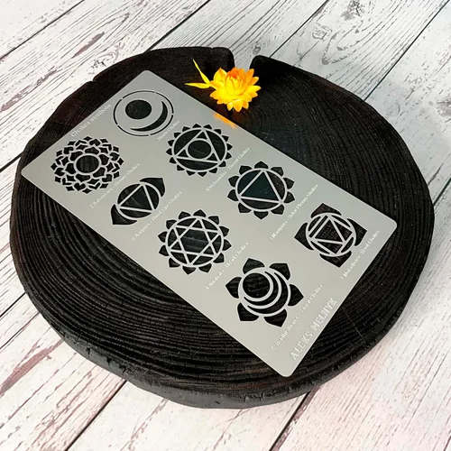Vista 6 de Aleks Melnyk No.415 Plantilla de metal, chakras, mandala, yoga, símbolos para meditación, Om, geometría sagrada, plantilla para leña, grabado