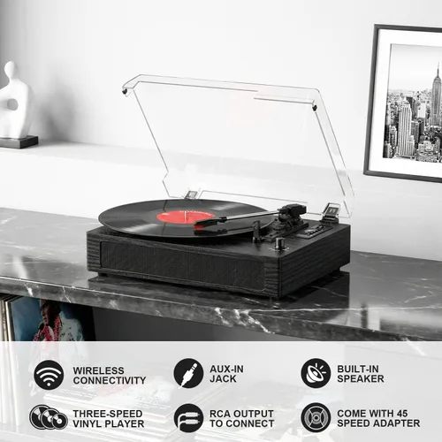 Vista 8 de Tocadiscos de vinilo vintage con altavoces integrados, tocadiscos de 3 velocidades por correa, reproducción Bluetooth, grabación USB/TF, parada