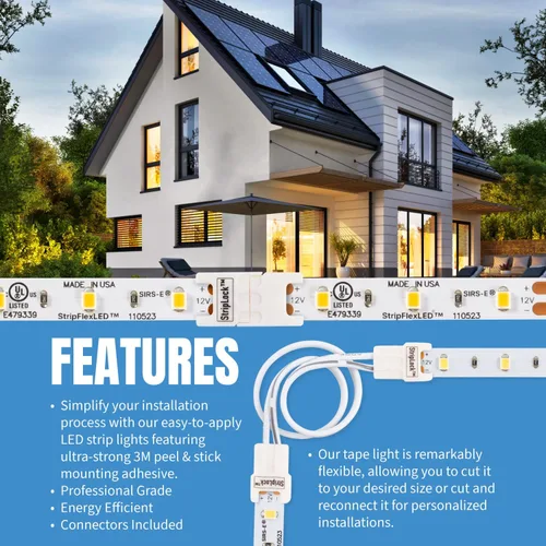 Vista 4 de SIRS-E StripFlexLED - Tira de luces LED blancas, 12 V, 60 LEDs/m, 2700 K, blanco cálido, 16.4 pies (16.4 ft), certificación UL, fabricada en Estados