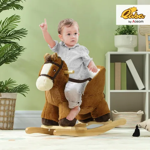 Vista 2 de Qaba Caballo mecedor para bebé con base de madera de sonido, edades de 18 a Mecedora de animales de peluche, cinturón de seguridad