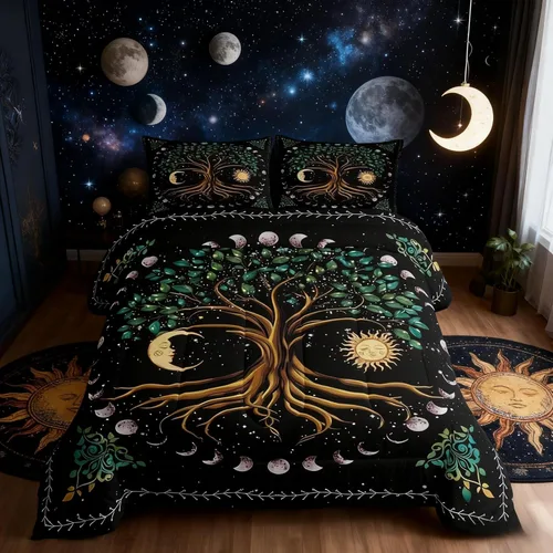Vista 28 de Juego de edredón de champiñones para niños, tamaño individual, juego de ropa de cama romántica con sol, luna, cielo estrellado y galaxia, decoración