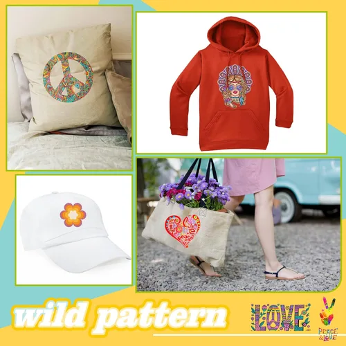Vista 6 de Containlol 12 hojas de parches hippie para planchar, calcomanías de transferencia de calor para ropa, primavera, paz, amor, corazón, flor, apliques