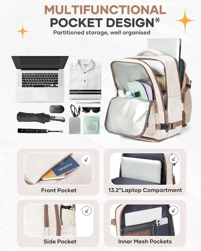 Vista 4 de Mochila de viaje grande, bolsa de mano, aprobada para aviones, para artículos personales, para hombre o mujer, color beige con marrón