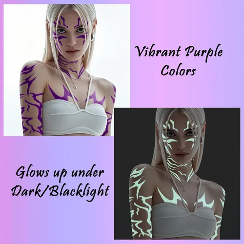 Vista 4 de 12 tatuajes temporales morados que brillan en la oscuridad, tatuajes falsos de baile para cosplay, Halloween, festival de música, maquillaje