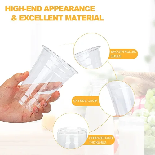 Vista 2 de TashiBox vasos de plástico con tapas [12 onzas 100 vasos y 100 tapas planas], vasos desechables de plástico transparente, vasos para batidos