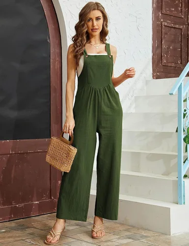Vista 6 de Dqbeng Overol de verano bohemio de algodón con pechera de pierna ancha para mujer, estilo casual