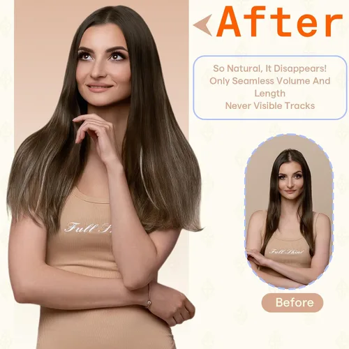 Vista 19 de Full Shine - Extensiones de cabello humano con cinta, mezcla de rubio hongo # 8 castaño ceniza resaltado 60 rubio ceniza