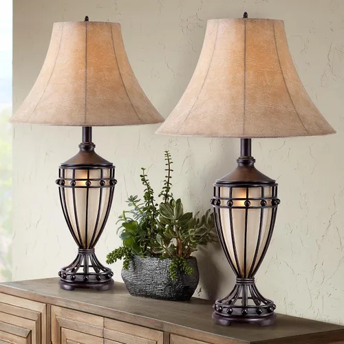 Vista 2 de Franklin Iron Works Cardiff - Juego de 2 lámparas de mesa rústicas tradicionales en forma de urna de 33 pulgadas de alto con luz nocturna, jaula