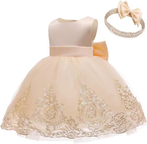 Vista 14 de 3M-6T Vestidos de Encaje con Lazo para Niñas Pequeñas Vestido de Gala Bordado para Bebé con Diadema