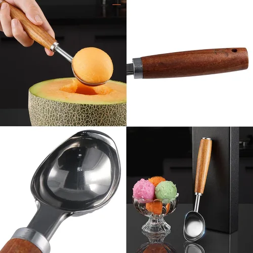Vista 3 de Cuchara de helado de acero inoxidable con mango de madera, cuchara de hielo de metal para congelador, cuchara de galletas de café, accesorios
