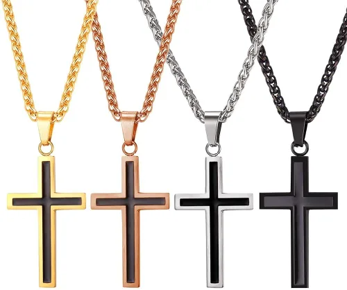 Vista 5 de U7 Simple Cross Necklace for Men Women, Stainless Steel Silver Black Gold Latin Cross Pendant Necklaces, Custom Engravable, Length 22-24 Inches