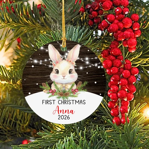 Vista 5 de Adorno de conejito de bebé, adorno personalizado con nombre y año para recién nacido 2026, decoración de conejo de Navidad personalizada, regalo