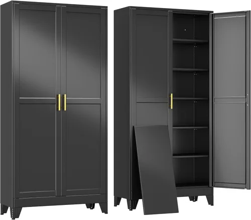 Vista 10 de erosoei Armario de almacenamiento de metal de 35 pulgadas de alto, armario de herramientas rodante con 2 puertas y ruedas, armario de acero con 2