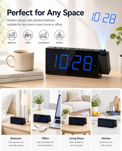 Vista 8 de OnLyee Reloj despertador de proyección para dormitorio, LED digital en techo y pared con carga USB para teléfono, respaldo de batería, proyector