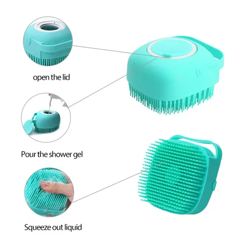 Vista 4 de Cepillo de masaje de baño para aseo de mascotas con dispensador de jabón y champú, cerdas de silicona suave para perros de pelo corto y largo y Azul