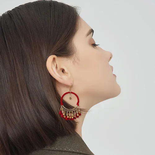Vista 4 de Pendientes colgantes de gota hechos a mano, creativos, coloridos, bohemios, con cuentas étnicas gitanas, aretes de borla para mujer