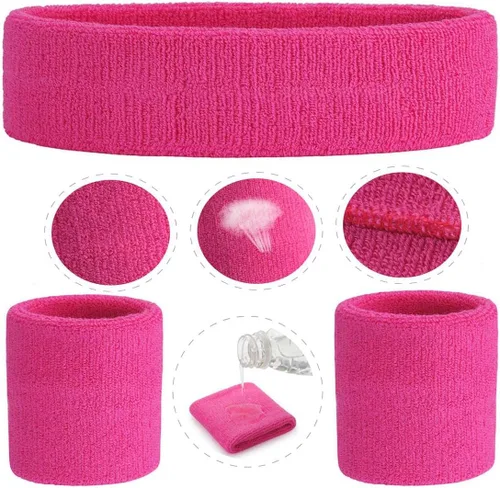 Vista 3 de ONUPGO - Conjunto de diadema y muñequeras deportivas para el sudor, hechas de algodón con bucles, muñequeras, contra humedad