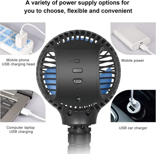 Vista 7 de WiHoo Ventilador portátil para cochecito, vida de batería ultralarga de 11H, 3 velocidades, rotación de 360°, ventilador personal enfriador con clip