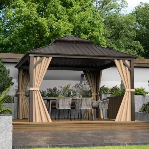 Vista 53 de Domi - Cenador de techo rígido de 8 x 8 pies con malla y cortinas, cenador para exteriores con techo doble de acero galvanizado para patio, césped
